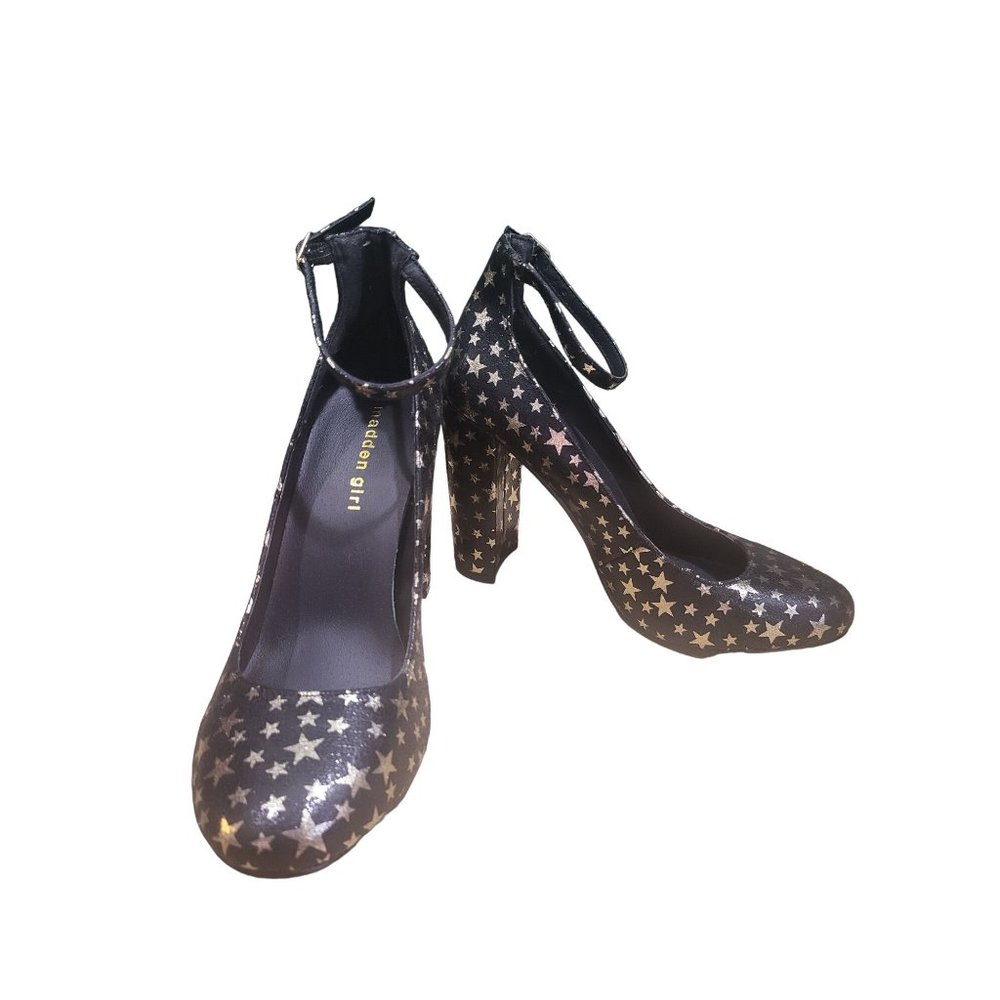 Madden Girl Heels Prinnce‎ Womens 7M Black Gold Stars Metallic Pump New Years